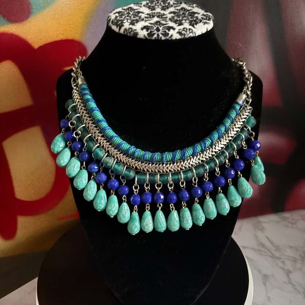 Statement Bib Necklace with Blue and Turquoise Teardrop Beads